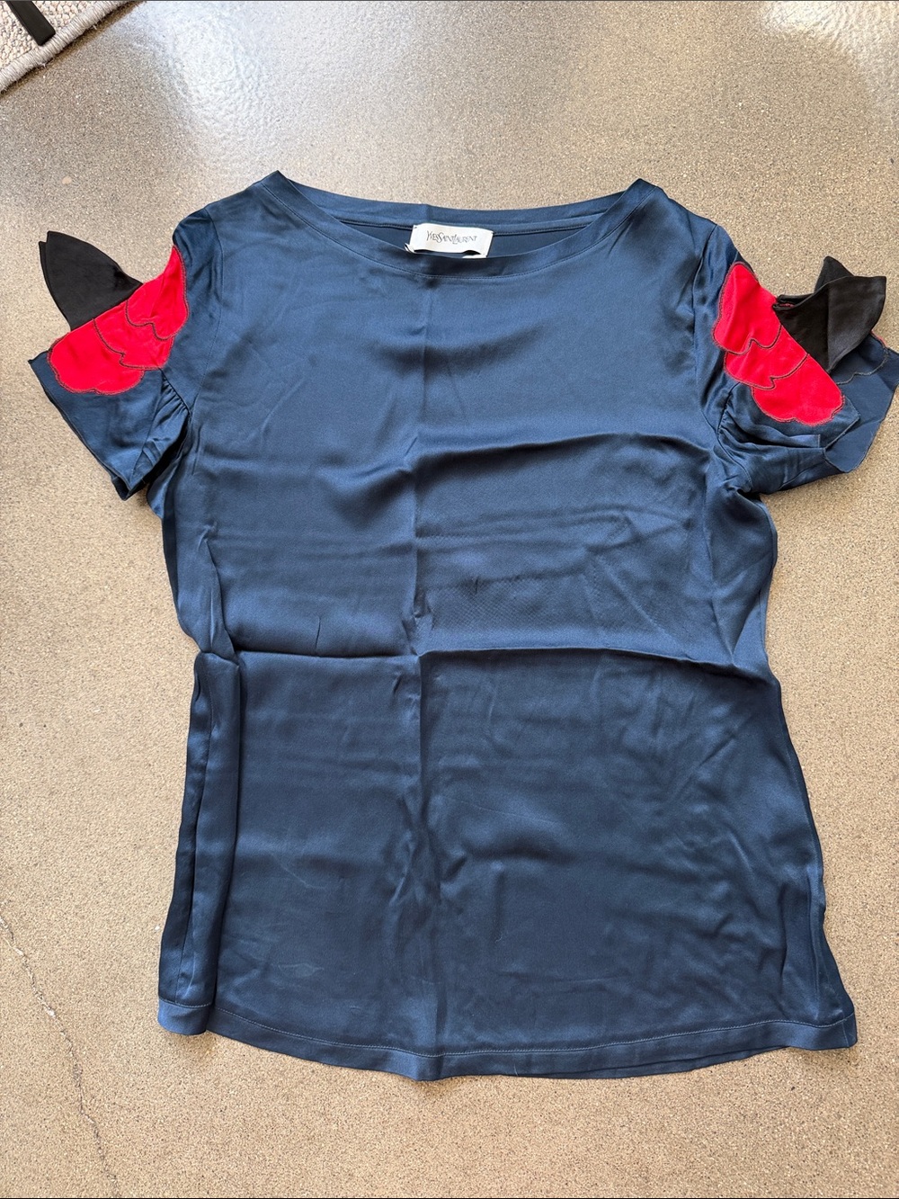 Yves Saint Laurent Navy Short Sleeve Top with Red Floral Sleeve Accents